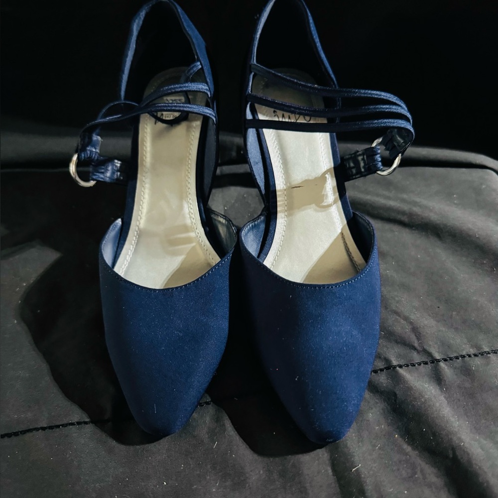 Navy Pointed-Toe Slingback Flats with Strappy Ankle